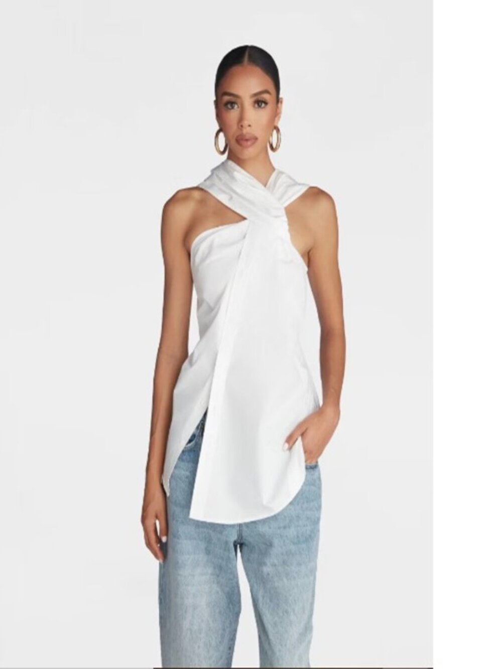KBB by KAHLANA Women's Cotton White Asymmetrical Twisted Neck Shirt Size Small